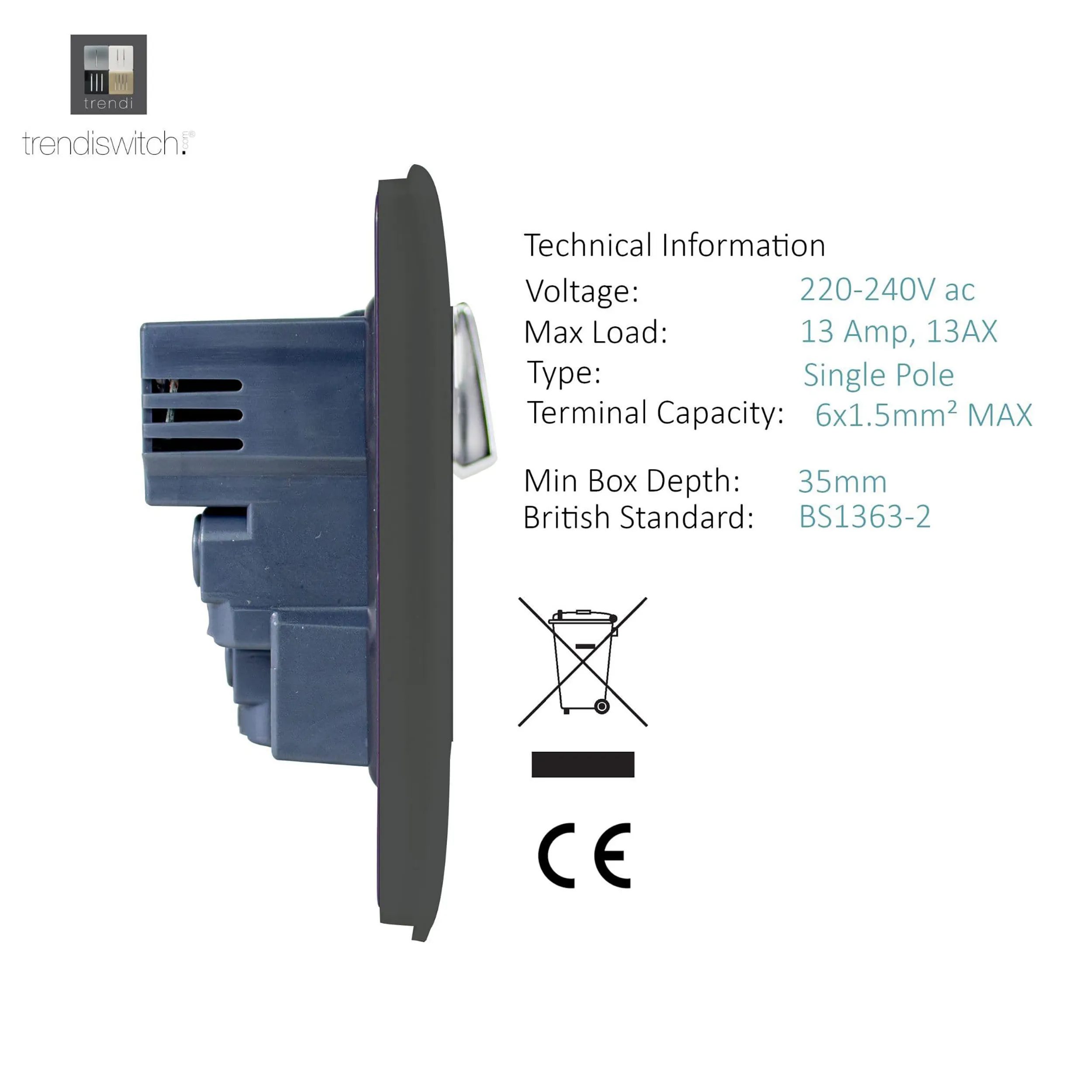 2 Gang 13Amp Switched Double Socket With 4X 2.1Mah USB Charcoal ART-SKT213USBCH  Trendi Charcoal